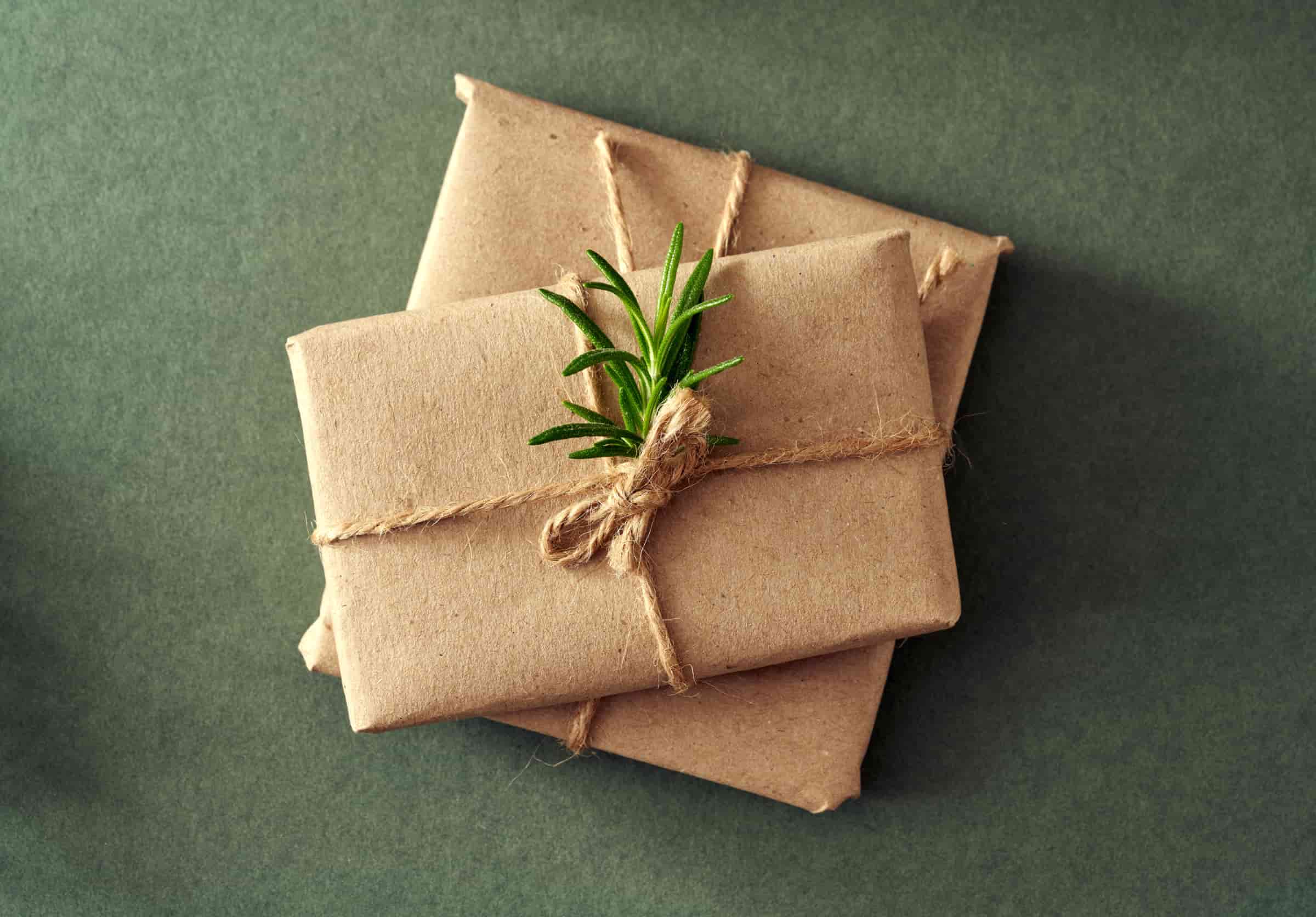 Kraft paper wrapped packaging with twine and botanicals.