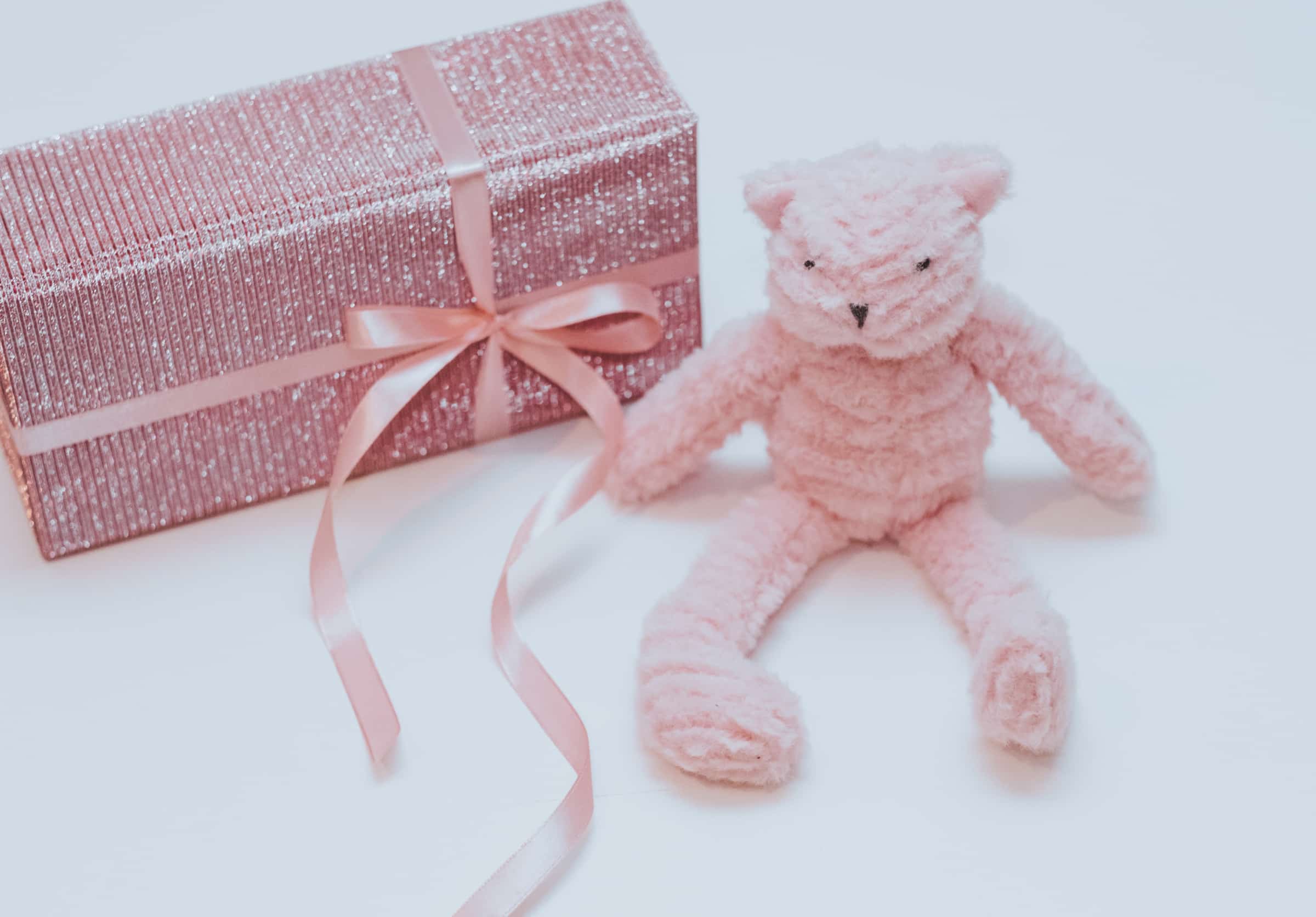 pink plushie with pink glitter box